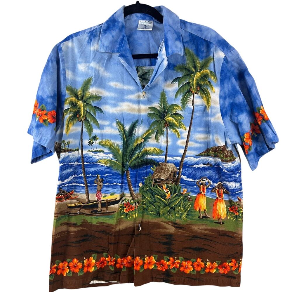 Hana Fashion Hawaiian Shirt‎ Blue Island Scene Short Sleeve Men's L
